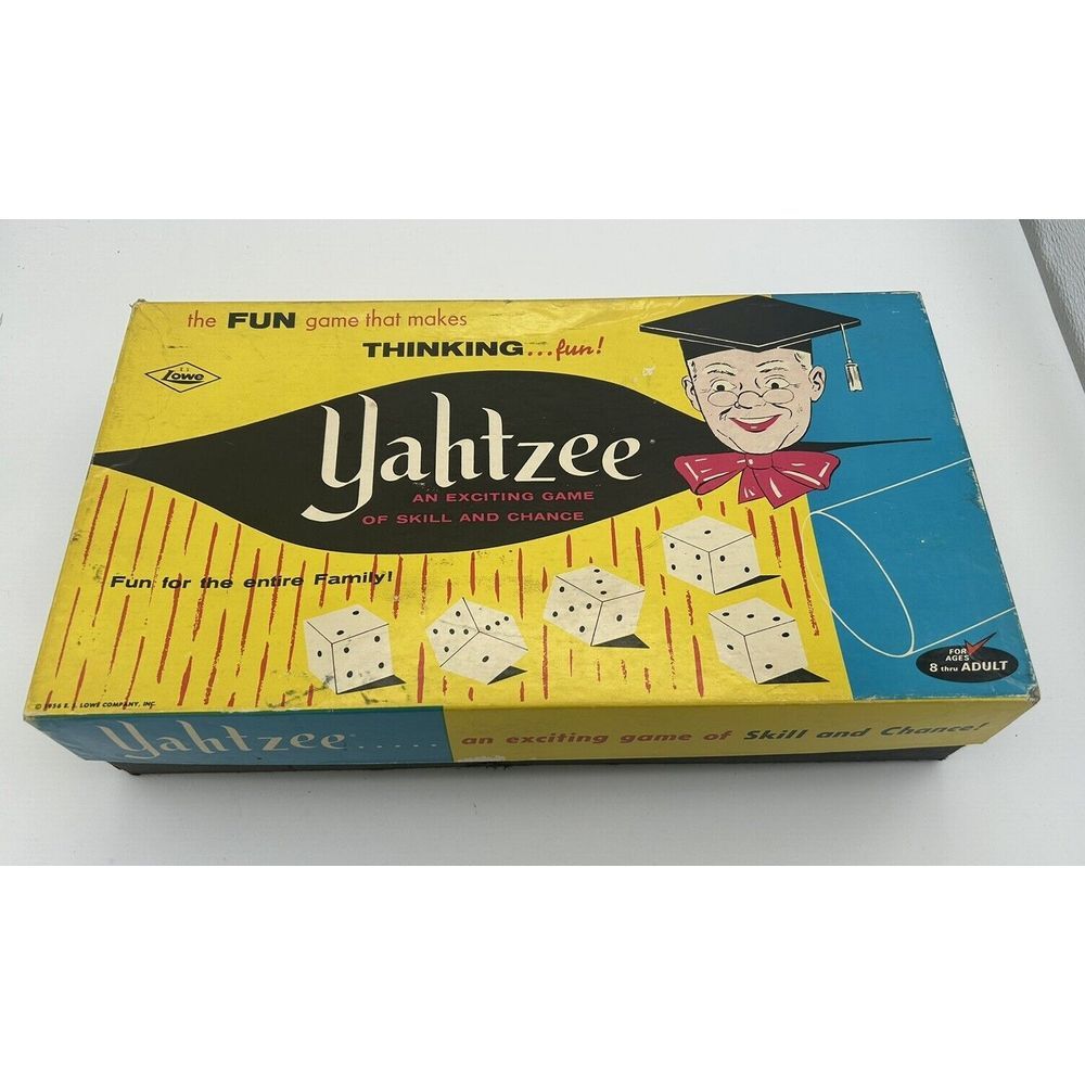 Vintage Yahtzee 1956 ES Lowe Complete Game With Box Score Pads Cup Dice Chips